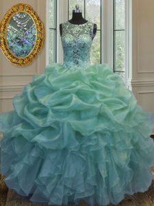 Scoop Green Sleeveless Floor Length Beading and Ruffles and Pick Ups Lace Up Quinceanera Dresses