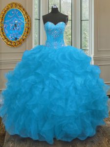 Smart Blue Organza Lace Up Sweetheart Sleeveless Quinceanera Dresses Beading and Ruffles