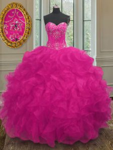 Amazing Fuchsia Sweetheart Lace Up Beading and Embroidery Ball Gown Prom Dress Sleeveless