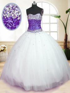 Traditional Floor Length Ball Gowns Sleeveless White And Purple Vestidos de Quinceanera Lace Up