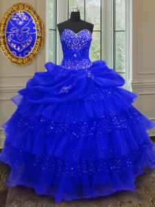 Trendy Sweetheart Sleeveless Quinceanera Gown Floor Length Beading and Ruffled Layers and Pick Ups Royal Blue Organza