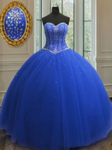 Clearance Floor Length Lace Up Ball Gown Prom Dress Royal Blue for Military Ball and Sweet 16 with Beading and Sequins