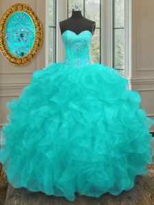 High Quality Sweetheart Sleeveless Organza Quinceanera Gown Beading and Embroidery and Ruffles Lace Up