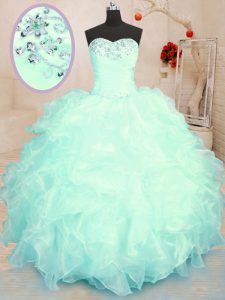 Popular Turquoise and Apple Green Lace Up Vestidos de Damas Beading and Ruffles Sleeveless Floor Length