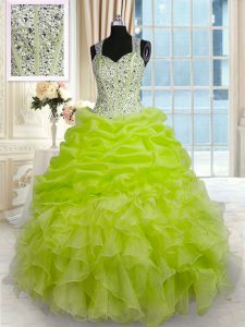 Luxurious Pick Ups Ball Gowns Quinceanera Dress Yellow Green Straps Organza and Taffeta Sleeveless Floor Length Zipper