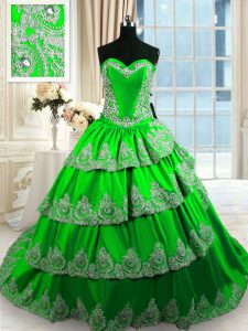 Sweet 16 Dress Military Ball and Sweet 16 and Quinceanera and For with Beading and Appliques and Ruffled Layers Sweetheart Sleeveless Court Train Lace Up