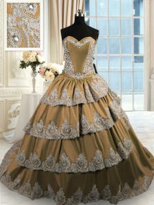 Glamorous Brown Taffeta Lace Up Vestidos de Quinceanera Sleeveless With Train Court Train Beading and Appliques and Ruffled Layers