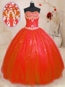 Modest Tulle and Sequined Sweetheart Sleeveless Lace Up Beading Sweet 16 Dress in Red