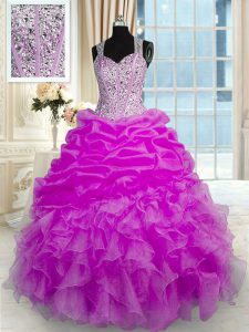 Floor Length Zipper Sweet 16 Dresses Fuchsia for Military Ball and Sweet 16 and Quinceanera with Beading and Ruffles and Pick Ups