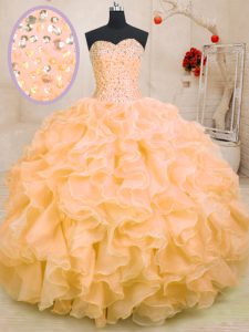 Glittering Orange Lace Up Sweetheart Beading and Ruffles Ball Gown Prom Dress Organza Sleeveless