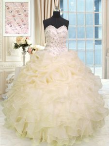 Enchanting Ball Gowns Quinceanera Gowns Champagne Sweetheart Organza Sleeveless Floor Length Lace Up