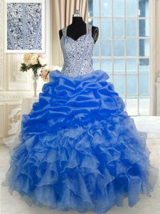Spectacular Royal Blue Ball Gowns Organza Straps Sleeveless Beading and Ruffles and Pick Ups Floor Length Zipper Quinceanera Gowns