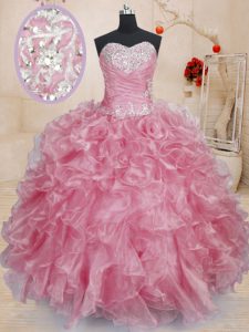 Fantastic Pink Sweetheart Neckline Beading and Ruffles Vestidos de Quinceanera Sleeveless Lace Up