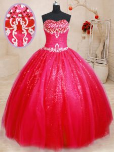 Fine Sweetheart Sleeveless Tulle and Sequined Quinceanera Gown Beading Lace Up