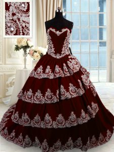Popular Wine Red Ball Gowns Beading and Appliques and Ruffled Layers Vestidos de Quinceanera Lace Up Taffeta Sleeveless With Train