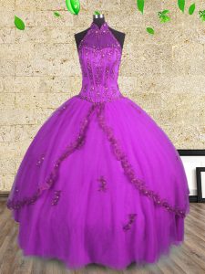 Lovely Halter Top Tulle Sleeveless Floor Length Ball Gown Prom Dress and Beading