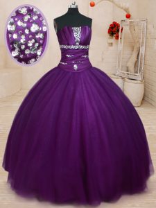 Glorious Beading Damas Dress Dark Purple Lace Up Sleeveless Floor Length