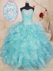 Discount Blue Sweetheart Neckline Beading and Ruffles Quince Ball Gowns Sleeveless Lace Up