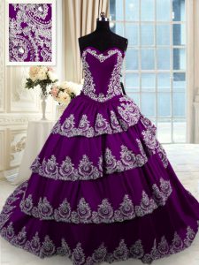 Traditional Purple Ball Gowns Sweetheart Sleeveless Taffeta With Train Court Train Lace Up Beading and Appliques and Ruffled Layers Quince Ball Gowns