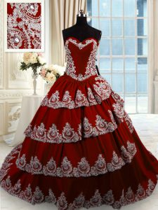 Elegant Sleeveless With Train Beading and Appliques and Ruffled Layers Lace Up Quinceanera Gown with Wine Red Court Train