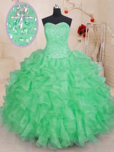 Attractive Green Ball Gowns Beading and Ruffles Casual Dresses Lace Up Organza Sleeveless Floor Length
