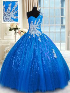 One Shoulder Blue Lace Up Quinceanera Dresses Appliques Sleeveless Floor Length