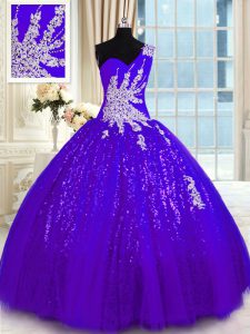 Sophisticated One Shoulder Sleeveless Tulle and Sequined Quinceanera Dresses Appliques Lace Up