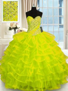 Fabulous Yellow Green Organza Lace Up 15th Birthday Dress Sleeveless Floor Length Beading and Ruffled Layers