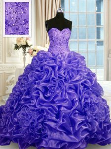 Decent Purple Sweet 16 Dress Organza Sweep Train Sleeveless Beading and Pick Ups