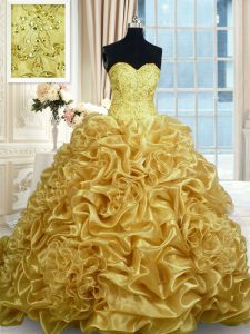 On Sale Gold Sweetheart Neckline Beading and Pick Ups Quinceanera Dresses Sleeveless Lace Up