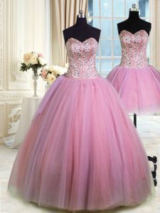 Traditional Three Piece Sweetheart Sleeveless Tulle Quince Ball Gowns Beading Lace Up