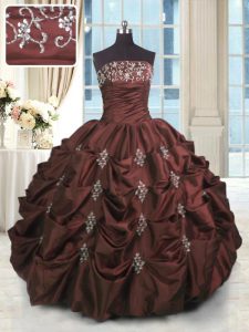 Gorgeous Strapless Sleeveless 15th Birthday Dress Floor Length Beading and Appliques and Embroidery and Pick Ups Burgundy Taffeta