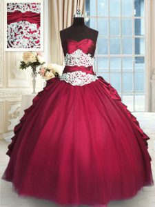 Luxury Red Taffeta and Tulle Zipper Party Dress Long Sleeves Floor Length Beading and Lace and Ruching and Pick Ups