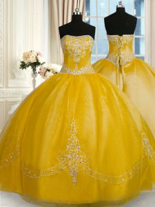 Gold Ball Gowns Beading and Embroidery Sweet 16 Dress Lace Up Organza Sleeveless Floor Length