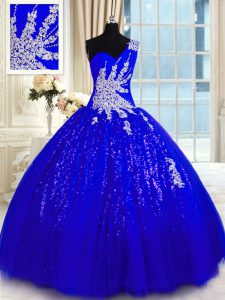 Artistic Royal Blue One Shoulder Lace Up Appliques Sweet 16 Dresses Sleeveless