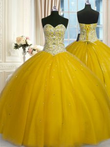 Gold Quinceanera Gown Military Ball and Sweet 16 and Quinceanera and For with Beading and Sequins Sweetheart Sleeveless Lace Up