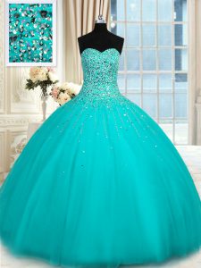 Admirable Turquoise Sleeveless Floor Length Beading Lace Up Quinceanera Gown