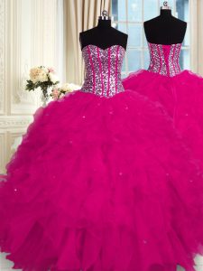 Organza Sweetheart Sleeveless Lace Up Beading and Ruffles Ball Gown Prom Dress in Fuchsia