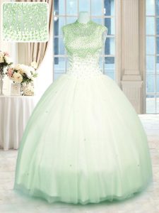 Floor Length Green 15th Birthday Dress High-neck Sleeveless Zipper