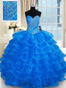 Ruffled Ball Gowns 15th Birthday Dress Blue Sweetheart Organza Sleeveless Floor Length Lace Up