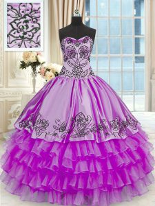 Floor Length Purple 15 Quinceanera Dress Organza and Taffeta Sleeveless Beading and Embroidery and Ruffled Layers