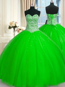 Ball Gowns Beading and Sequins Quinceanera Dress Lace Up Tulle Sleeveless Floor Length