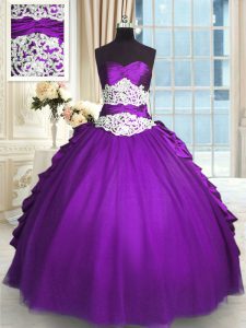 Fancy Purple Taffeta Lace Up Sweetheart Sleeveless Floor Length Damas Dress Beading and Lace and Ruching and Pick Ups