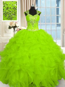 Straps Neckline Beading and Ruffles Sweet 16 Dresses Cap Sleeves Lace Up