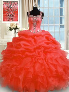Flare Red Ball Gowns Straps Sleeveless Organza Floor Length Zipper Beading and Ruffles Quinceanera Dresses