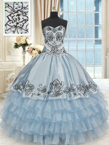 Light Blue Ball Gowns Beading and Embroidery and Ruffled Layers 15th Birthday Dress Lace Up Organza and Taffeta Sleeveless Floor Length