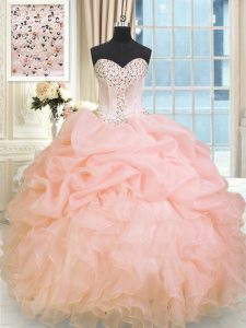 Inexpensive Baby Pink Ball Gowns Sweetheart Sleeveless Organza Floor Length Lace Up Beading and Ruffles Ball Gown Prom Dress