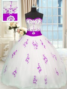Wonderful White Ball Gowns Appliques and Belt Quince Ball Gowns Lace Up Organza Sleeveless Floor Length