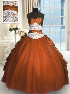 Nice Sleeveless Floor Length Beading and Lace and Ruching and Pick Ups Lace Up Quinceanera Court Dresses with Rust Red