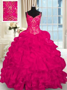 Hot Pink Ball Gowns Organza Spaghetti Straps Sleeveless Beading and Embroidery and Ruffles Lace Up 15th Birthday Dress Brush Train